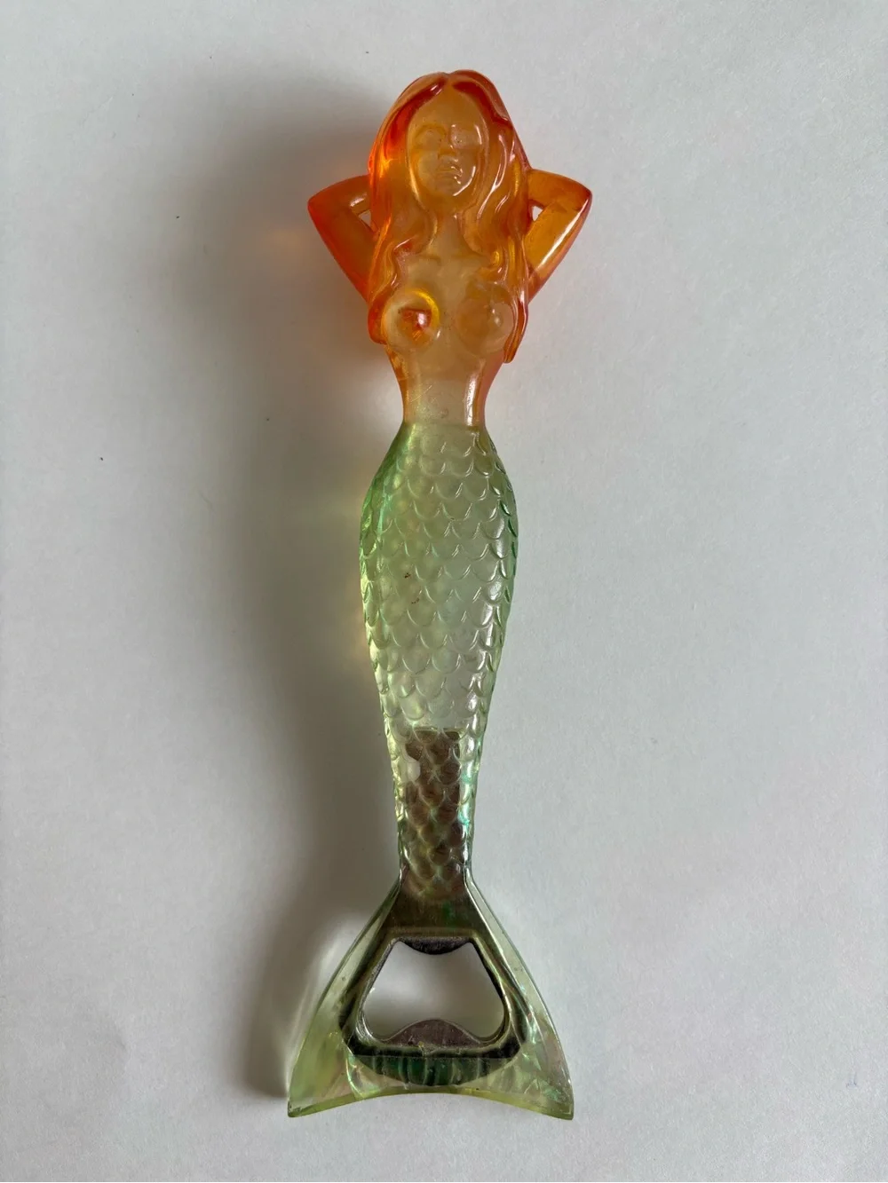Curvy Mermaid Vintage Bottle Opener Green Orange Iridescent Lucite